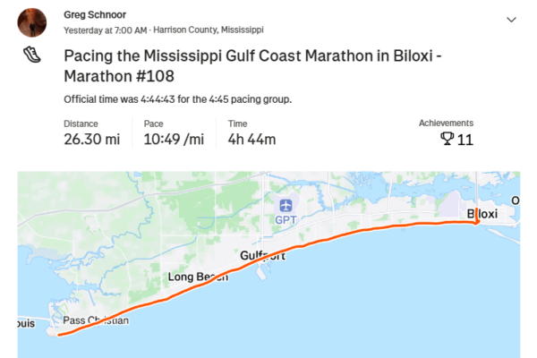Pacing the Mississippi Gulf Coast Marathon in Biloxi – Marathon #108
