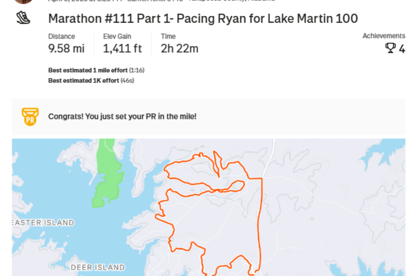 Marathon #111 – Pacing Ryan Crisco for 40 Miles at Lake Martin 100